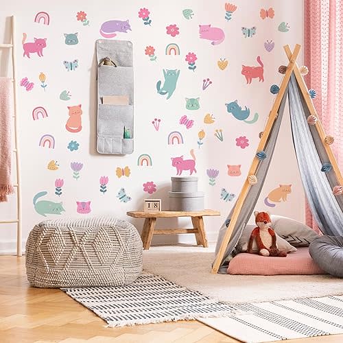 Cat Wall Decals - Girl Nursery Decor, Colorful Pet Cat Butterfly Rainbow Decal,Removable Vinyl Art Murals for Living Room Baby Rooms Bedroom Toilet House Wall DIY Decoration