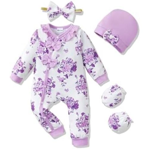 Mikrdoo Baby Girl Clothes Preemie Newborn Coming Home Fall Winter Outfit Knit Jumpsuit Ruffle Romper with Headband