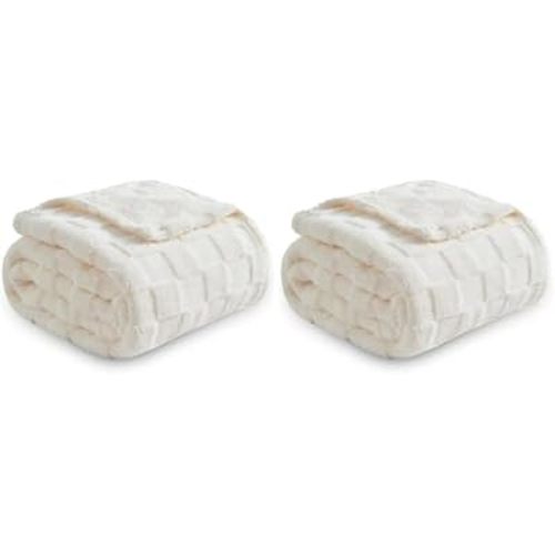 NEWCOSPLAY Super Soft Throw Blanket Ivory Premium Silky Flannel Fleece 3D Checkered Lightweight Bed Blanket All Season Use (Ivory Checkered, Throw(50"x70")) (Pack of 2)