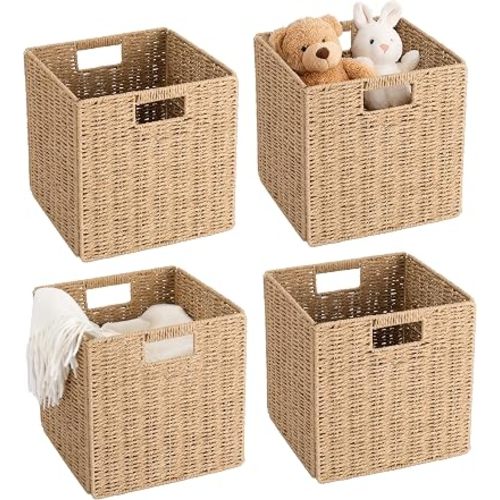 11 inch Cube Storage Bins, Wicker Storage Baskets for Organizing Foldable, 11x11x11inch Square Handwoven Cubby Organizer Bins, Large Collapsible Basket for Shelf Bedroom Living Room, 4 Pack