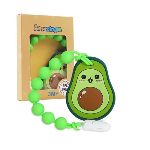 Baby Food Grade Silicone Teether Toy with One Piece Design Pacifier Clip Holder,Teething Toys Gift Set for 3 Months+ Boys and Girls,Freezer Safe,BPA Free. (Gray Raccoon)