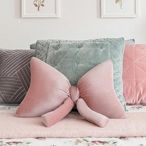 Big Pink Bow Throw Pillow 24.4x16.5 Inch Extra Large Velvet Bow Shaped Pillow Cute Decorative Aesthetic Bowknot Lumbar Cushion Coquette Home Decor for Wedding Nursery Bed Sofa Couch Decor