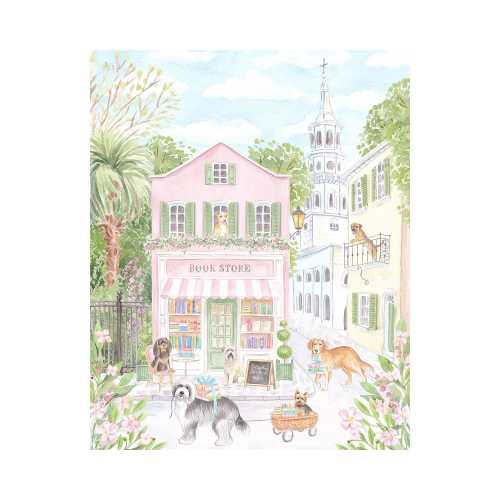 Charleston Puppy Bookstore Nursery Art Print | Pink Southern Watercolor | Grandmillennial Girl Room Decor