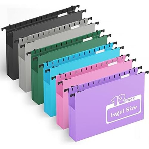 Extra Capacity Legal Plastic Hanging File Folders,2" Expanding Accordian Pocket with Black Insert Gasket,Heavy Duty for Filing Cabinet,Hard and Durable Hang Folders,Legal Size,12 Pack (Assorted Color)