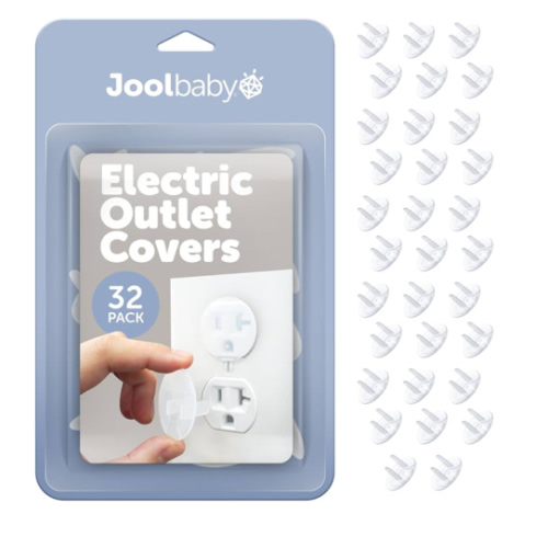Jool Baby Outlet Covers (32 Pack) for Child Safety - Easy Adult Removal, Plug Protectors for Baby Proofing Electric Sockets - Transparent Design