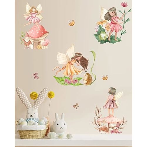 Watercolor Flower Fairy Wall Decals - Woodland Mushroom Wall Decals with Fairy Santa Animals Bugs - Peel and Stick Forest Fairyland Wall Art Stickers for Girls Bedroom Baby Nursery Living Room