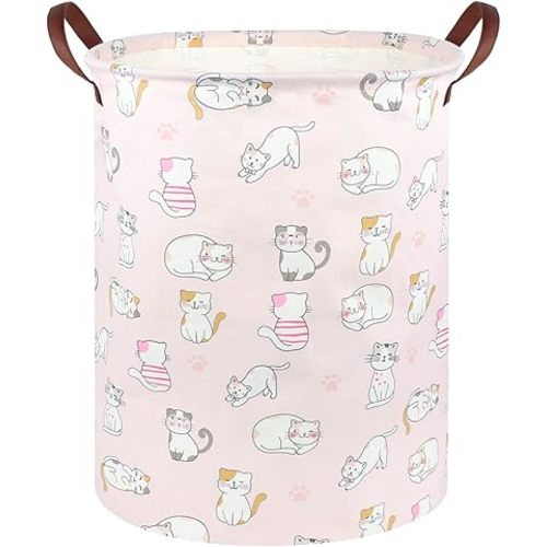 Pink Hamper,Cat Laundry Basket,Canvas Fabric Collapsible Cute Storage Baskets with Handles,Pink Clothes Hamper,Kids Toy Storage Basket,Toy Organizer,Cat Room Decor(Pink Cat)