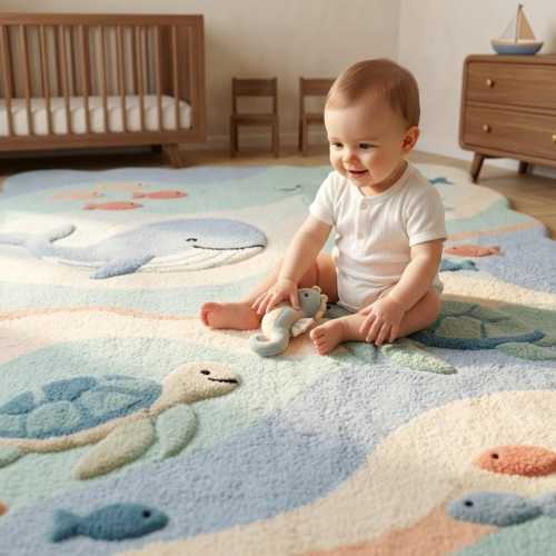 Ocean Theme Nursery Rug, Turtle & Whale Kids Playroom Carpet, Pastel Coastal Baby Boy Room Decor, Soft Hand Tufted Wool Floor Mat