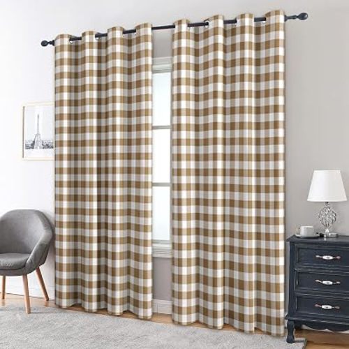 Brown Gingham Blackout Curtains for Living Room, Bedroom, Farmhouse Rustic Buffalo Check Plaid Pattern Thermal Insulated Grommet Window Drapes, 52 x 84 Inch 2 Panels, Brown Gingham Room Decor -S450