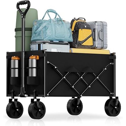 Lightweight Folding Wagon, Large Capacity Collapsible Grocery Cart on Big Wheels, Heavy Duty Foldable Shopping Carts, All-Terrain Outdoor Utility Carts for Camping, Sports, Garden, Beach, 3.5 Cu Ft