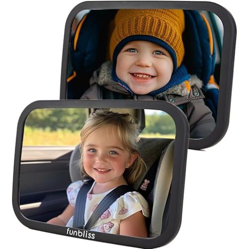 Funbliss Rear Facing Car Seat Mirrors - Shake-proof & Shatterproof Baby Car Mirror for Backseat - Clear Wide View, Easy Install, 2 Pack for Multiple Kids