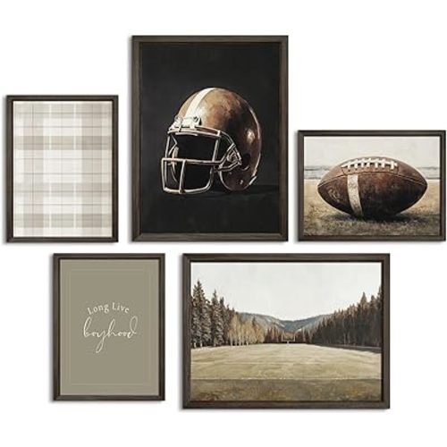 Football Nursery Wall Art Vintage Sports Canvas Wall Decor Boys Room Poster Rugby Football Sport Prints Sage Green Nursery Pictures Vintage Artwork for Boys Bedroom 8x10 Inch Wood Framed Set of 5
