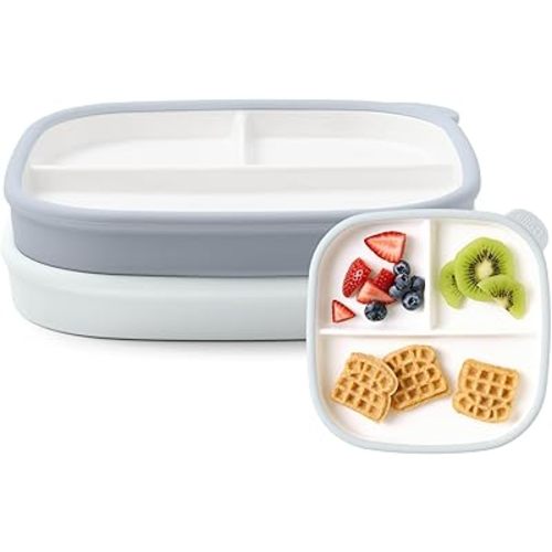 Ello Clean Start Toddler Breakfast Plate 2 Pack | BPA-Free Ceramic Plates with Divider & Silicone Sleeve for Babies/Toddlers| Microwave & Dishwasher Safe | High Chair Friendly | Quiet Tide/Tech Blue