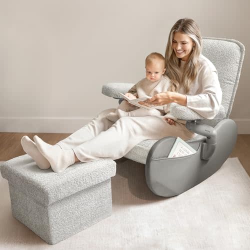 MAMAZING Lullabud Nursery Rocking Chair Glider with Ottoman for Breastfeeding, Upholstered Nursing Chair with Removable Cover Reading Chair for Bedroom, Living Room(Light Grey/Light Grey)