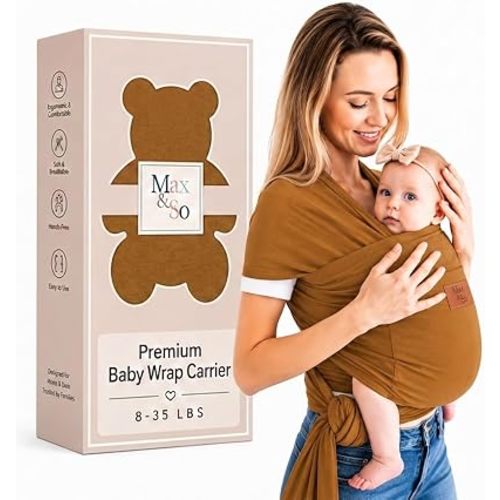 Baby Wrap Carrier - Breathable Cotton Newborn to Toddler Carrier 8-35 lb - Secure Postpartum Baby Holder with Front Pocket by Max&So (Brown)
