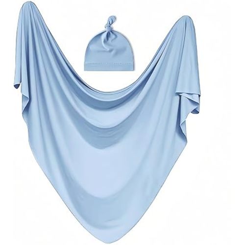 Baby Receiving Blankets with Matching Beanie Set Newborn Nursery Swaddle Unisex Swaddle Wrap Soft Silky Neutral for Baby Girls and Boys (Blue)