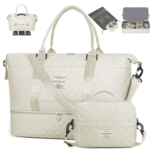 Large Women Travel Duffle Bag with Shoe Compartment, Carry on Overnight Bag Weekender Bag Travel Bag Duffel Tote Bag Yoga Gym Bag with Wet Pocket and Toiletry Bag for Labor and Delivery, Beige