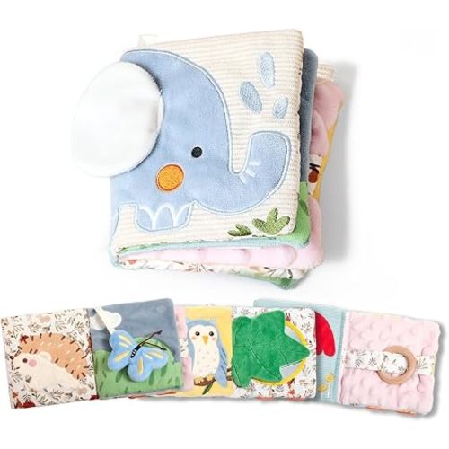 let's make Elephant Soft Baby Books for 0-6-12 Months, Montessori Sensory Tummy Time Toys with Crinkle & Mirror, Teething Toy, Washable Newborn for Boys Girls