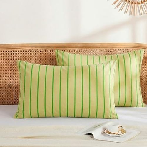 Merryword 100% Cotton Pillow Cases, King Size Pillowcases, Khaki & Green Striped Pillowcases, Luxury Linen Like Pillowcase, Soft Breathable Track Stripes Pillow Covers, Set of 2