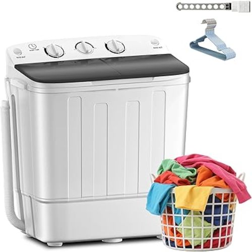 Erivess Portable Twin Tub 18.8lbs Washing Machine with Drying Rack and 10 Hangers, 11.8lbs Washer Mini Compact Laundry Machine with 7lbs Spinner, 1500rpm Semi-automatic Washer Combo for Dorm&Apartment