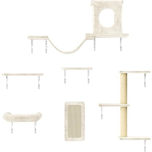 NUNU LAB Cat Wall Shelves, 6 Pcs Luxury Wall-Mounted Cat Climber Set, Indoor Cat Furniture with 1 Condos House, 2 Cat Wall Shelves, 1 Scratching, 1 Bridge Ladder, 1 Scratching Pad, Beige