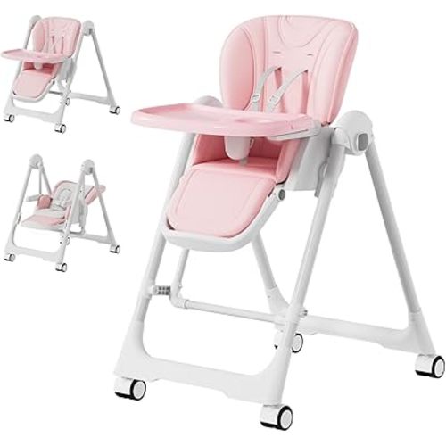 3-in-1 High Chairs for Babies and Toddlers, Foldable Baby High Chair with Rocking Mode, 5 Height Levels, Adjustable Backrest & Footrest, Lockable Wheels (Pink)