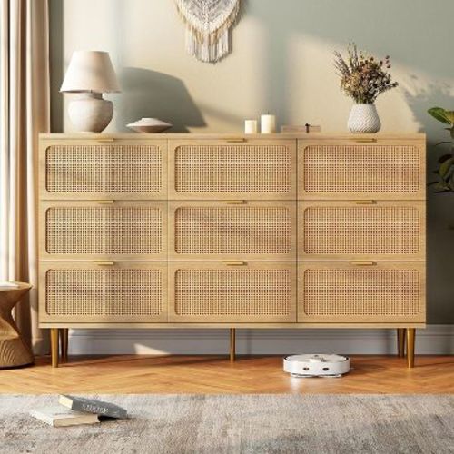 Rattan 9 Drawer Dressers for Bedroom, Tall Dresser with Deep Drawers, Large Chest of Drawers for Closet with Wide Top, Long Wooden Dresser