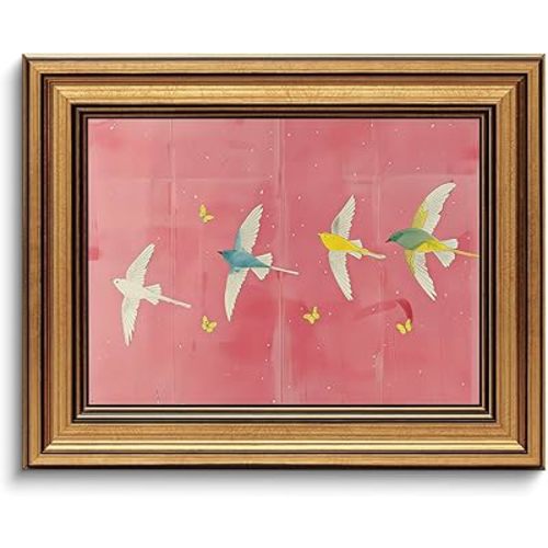 Gold Framed Vintage Wall Art Bird Canvas Pink Prints for Girls Room 8x10in