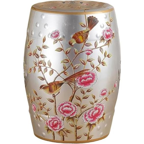 Chinoiserie Ceramic Drum Stool - Glazed Hollow FloralBird Decorative Stool, Porcelain Decorative Garden Stool, for Garden, Living Room or Balcony - Patio Garden Room Furniture Piece (Silver)