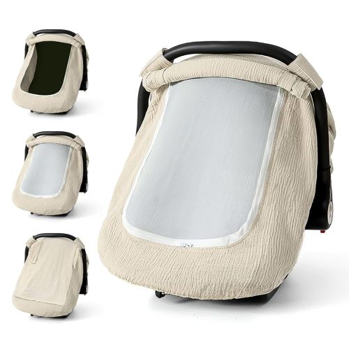 Muslin Cotton Car Seat Cover Baby, Universal Fit Carseat Cover for Baby, Infant Car Seat Cover with Mesh Peep Window, Baby Car Seat Cover for Carrier, Stroller, High Chair, Shopping Cart (Wheat)
