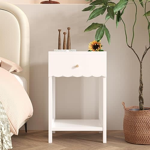 Night Stand Nightstand with Drawer and Open Shelf, Scalloped Edge Bed Side End Table for Bedroom, Modern Bedside Stand for Bedroom Living Room Sofa Couch Home Office