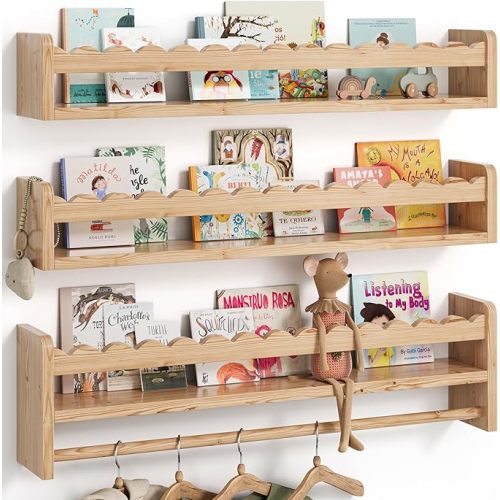Nursery Book Shelves, Scalloped Shelves, Floating Book Shelves for Wall, Nursery Deocr for Baby, Toddler(Wood, 23 Inches)