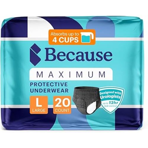 Because Premium Maximum Absorbency Adult Incontinence and Postpartum Bladder Leak Underwear for Women, Heavy Absorbency, Disposable, Black, Large, 80 Count (4 Packs of 20)