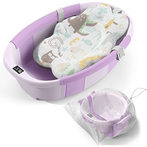 Collapsible Baby Bathtub - Large Baby Bath Tub with Thermometer & Cushion | Travel Portable Newborn Infant Bathtub | Foldable Toddler Bathtub for Baby 0 to 36 Months (Purple)