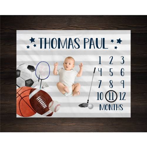 Sports Milestone Blanket Monthly Growth Tracker Blanket Baby Shower Gift Newborn Gift Blanket Watch Me Grow Baby Boy BM12
