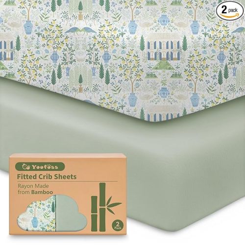 Yoofoss Pack and Play Sheets Fitted Viscose Derived from Bamboo, 2 Pack Mini Crib Sheet for Pack N Play Mattress, Soft and Breathable Playard Sheets for Boys Girls, 38x26in
