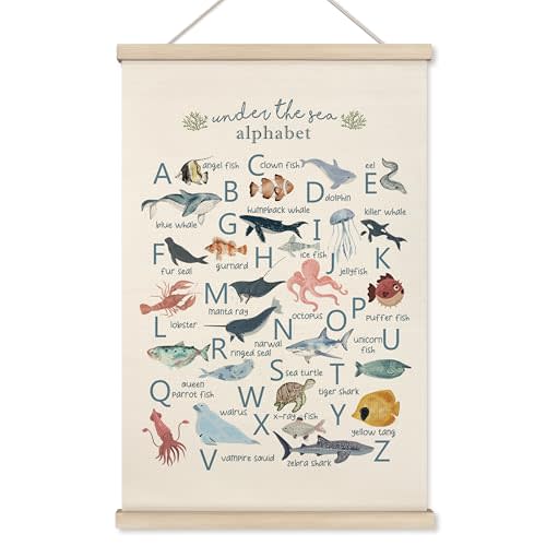 HRQKO Ocean Alphabet Poster Hanger Frame, ABC Poster Wall Art with Wooden Frames, Alphabet Banner Wall Hanging Decor for Classroom Boys Playroom, 16x24 Inch