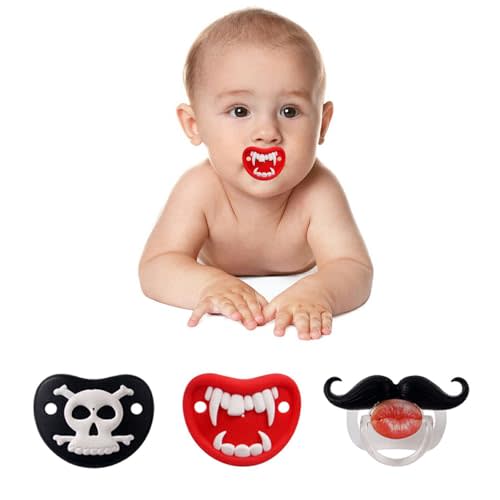 ROBBEAR Funny Baby Pacifier, Cute Mustache Binkies, Vampire Binky Skulls Halloween Pacifiers for Babies 0-36 Months, Silicone Nipple, BPA-Free, Gift for Infants Newborn