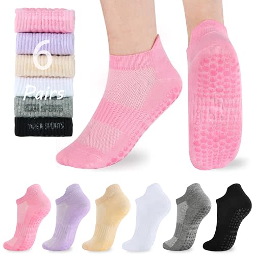 ATBITER Pilates Socks With Grips for Women - 6 Pairs Cute Ankle Non Slip Socks for Yoga, Barre, Hospital, Barefoot