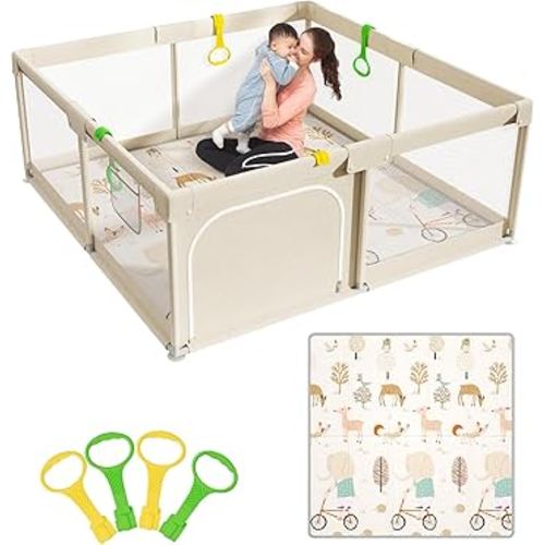 Mloong Baby Playpen with Mat - 59x59 Inches Extra Large Playpen for Babies and Toddlers, Indoor & Outdoor Activity Center, Safety Baby Fence