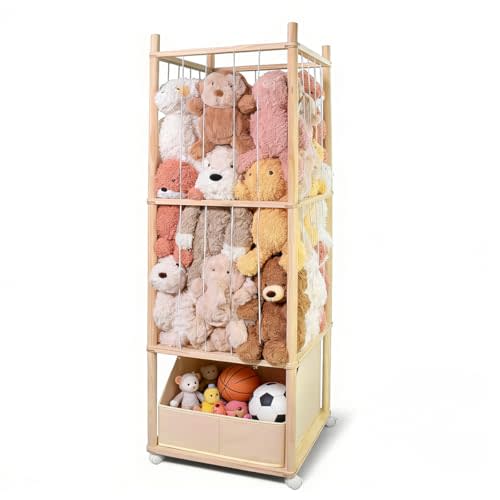Stuffed Animal Storage with Tiny Toys Tray, Wood Stuffed Animal Zoo Storage with Brake Wheels, Space-Saving Plushie Playhouse for Nursery, Playroom, Kids Bedroom- Easy Assembly