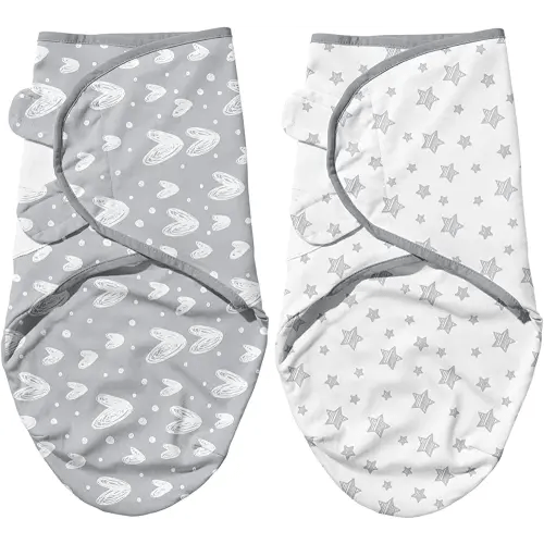 Biloban Baby Swaddle Blanket, 0-3 Months, Grey Hearts & Stars Print, 2 Pack, Cotton, Machine Washable