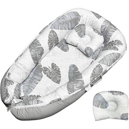 JIFTOK Baby Nests Lounger for Newborn, Snuggle Bassinet for 0-24M, Breathable Portable Co Bed, Baby Essentials Adjustable Infant Soft Cotton Loungers for Home & Travel -Leaves