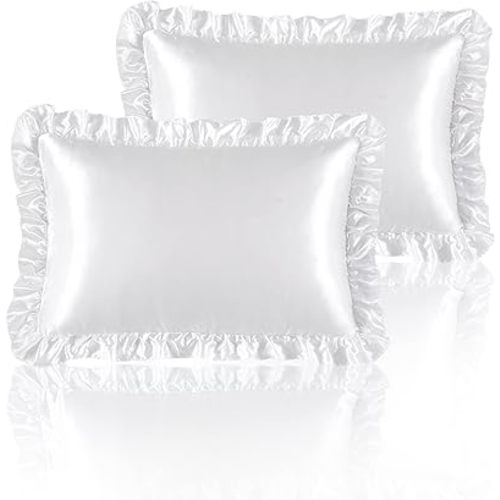 White Satin Ruffled Pillow Cases for Hair and Skin,White Silk Pillowcases Standard Set of 2 with Envelope Closure Princess Room Decoration
