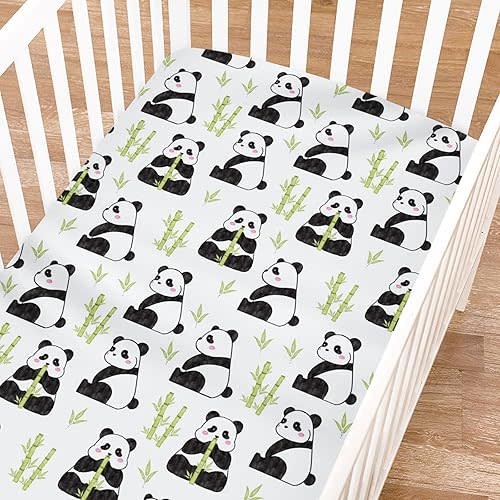 Cartoon Panda Green Leaves Baby Crib Sheets for Boy Girl 52"x28" Cute Bear Animals Soft Breathable Unisex Fitted Nursery Baby Bed Sheet Fits Standard Crib and Toddler Bed Mattresses
