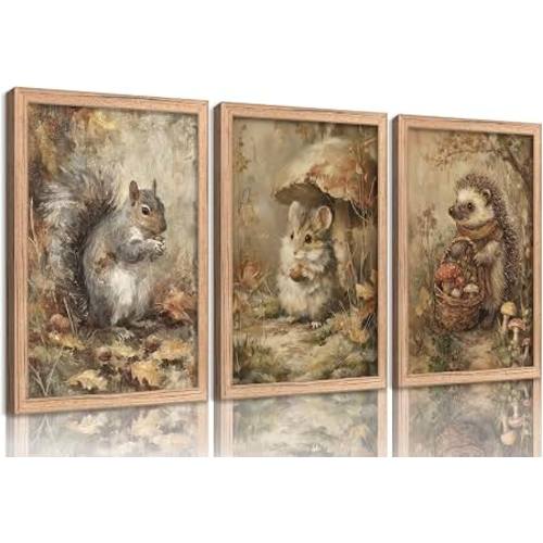 Amazon.com: 3Pcs Woodland Animal Nursery Wall Art, Vintage Safari Painting Picture Wall Decor, Cute Hedgehog and Hamster Picture Poster, Rustic Animal Botanical Print Artwork for Kid Room 16x24 in, Unframed