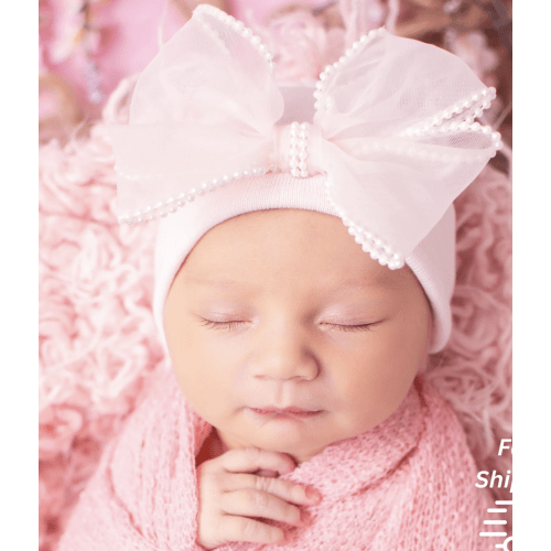 Newborn Hospital Hat: Chiffon Bow with Pearl Trim