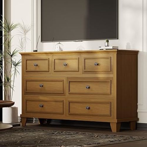 IDEALHOUSE 7 Drawer Dresser, Large Wooden Storage Chest of Drawers with Exquisite Metal Handles, 47" Wide Dresser TV Stand, Drawer Organizer for Bedroom, Living Room, Hallway, Entryway, Brown