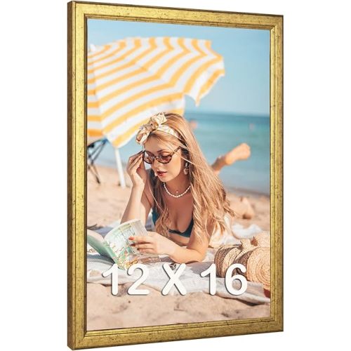 12x16 Wood Picture Frame Gold, Ornate Natural 16x12in Frame, Modern Golden 12 x 16 inch Gallery Wall Photo Poster Frame with HD Plexiglass, Horizontal Vertical Wall Mounting Display 1pcs