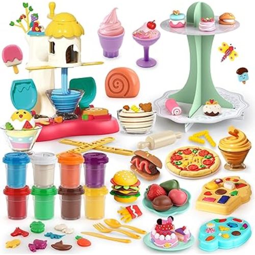 77 Pcs 4 in 1 Playdough Sets for Kids Age 2-4-8, Dough Accessories Tools Kit, Ice Cream, Noodle Cake Hamburger Maker, Kitchen Playdough Toys Girls Boys, Gifts for 3 4 5 6 Year Old Girls Boys